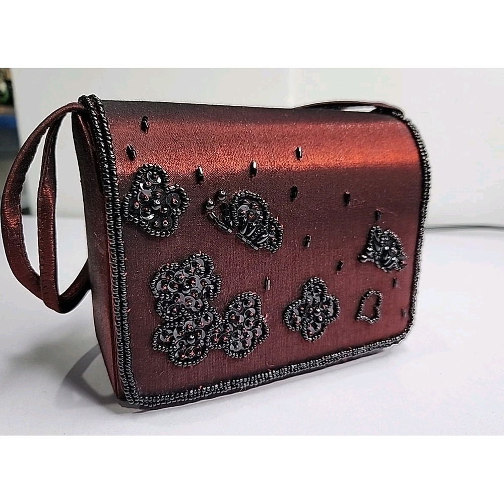Valerie Stevens Small Dark Satin Evening Bag Clutch Or Shoulder Beaded Butterfly